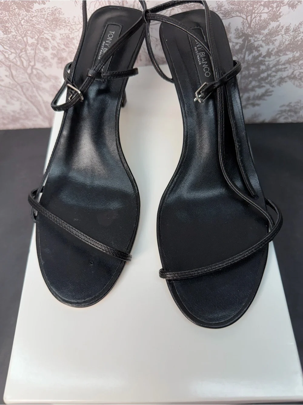 Tony Bianco Caprice Heel in Black leather kitten heel strappy open toe